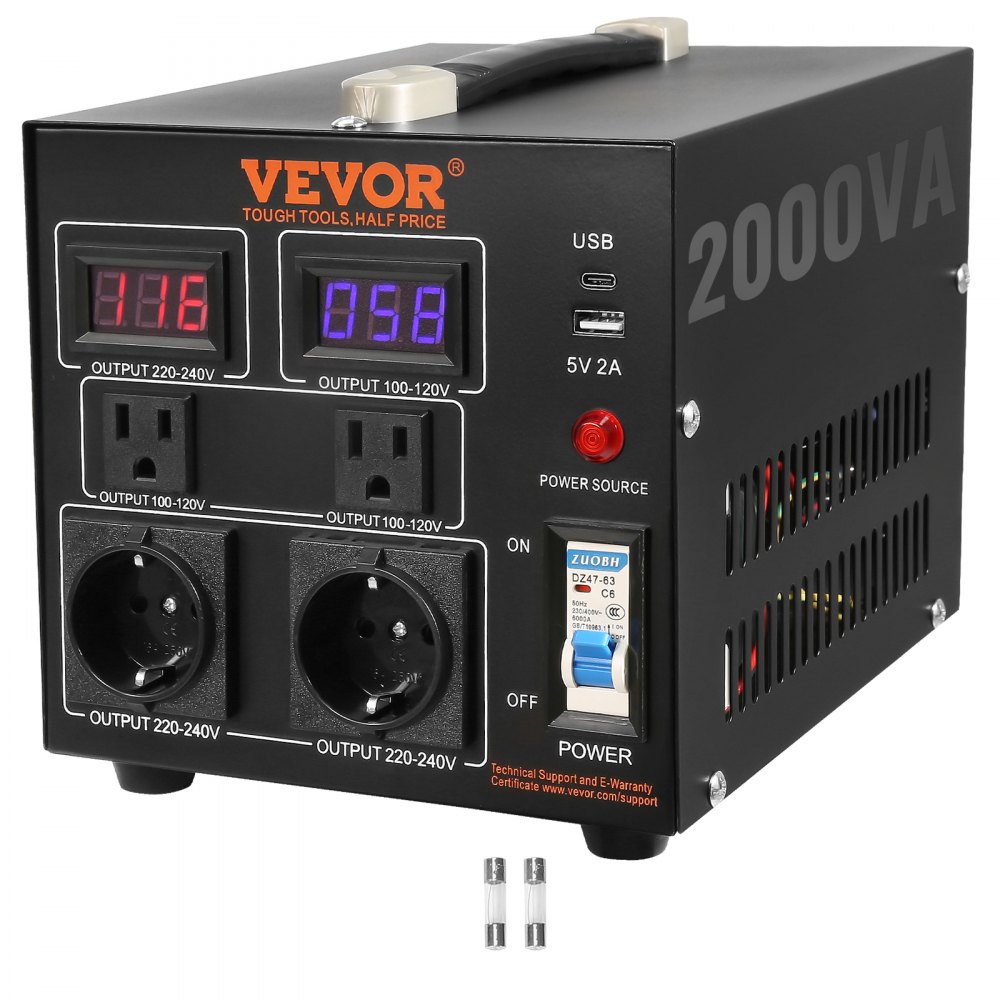 VEVOR 2000VA Spannungswandler Transformator AC 110V⇋220V Transformer Wandler 2x US NEMA 5-15R 3-polige/2x standardmäßige europäische Shucko-Ausgangssteckdosen, 1x 5V-USB-Anschluss, 1x Typ-C-Buchse