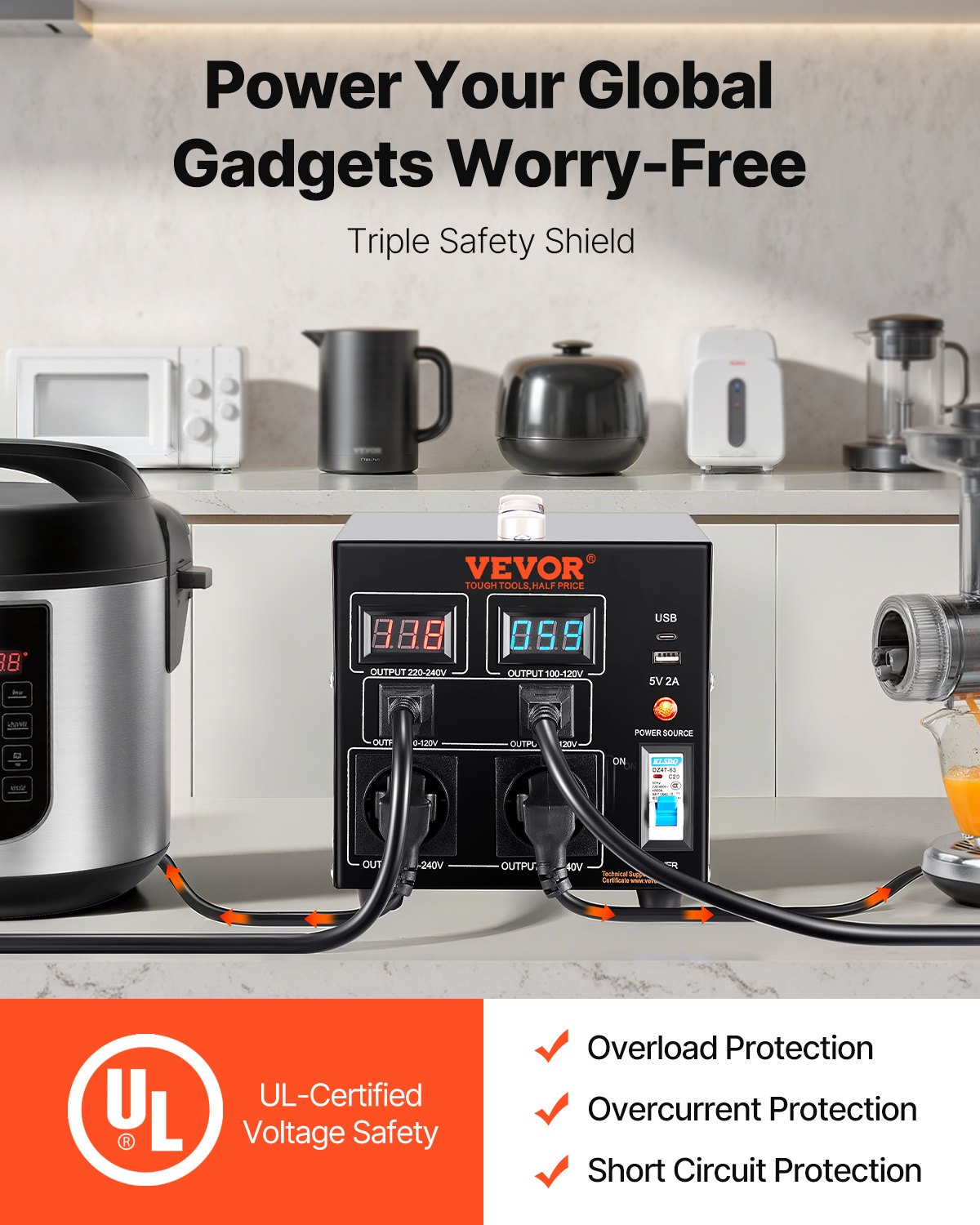 VEVOR 2000W Voltage Converter Transformer AC 110V to 220V Transformer Converter 2x US NEMA 5-15R 3-pin/2x standard European Shukko output sockets, 1x 5V USB port, 1x Type-C socket