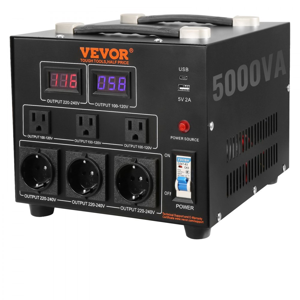 VEVOR 5000VA Spannungswandler Transformator AC 110V⇋220V Transformer Wandler 3x US NEMA 5-15R 3-polige / 3x europäische Shucko-Ausgangssteckdosen, 1x 5V-USB-Anschluss und 1x Typ-C-Buchse