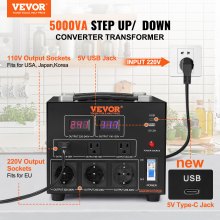 VEVOR 5000VA Spannungswandler Transformator AC 110V⇋220V Transformer Wandler 3x US NEMA 5-15R 3-polige / 3x europäische Shucko-Ausgangssteckdosen, 1x 5V-USB-Anschluss und 1x Typ-C-Buchse