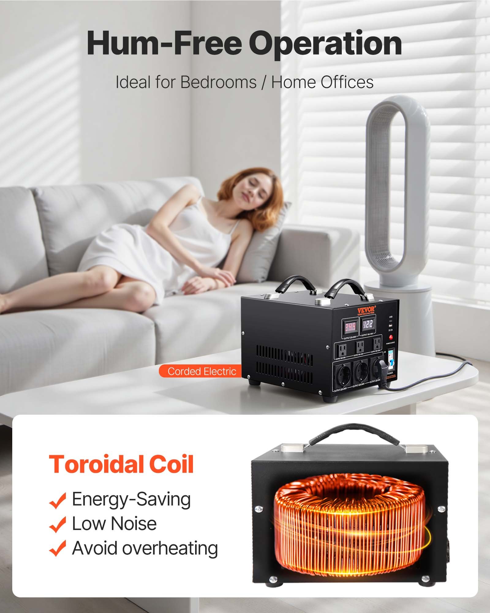 VEVOR 5000W Voltage Converter Transformer AC 110V to 220V Transformer Converter 3x US NEMA 5-15R 3-pin / 3x European Shukko output sockets, 1x 5V USB port and 1x Type-C socket