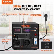 VEVOR 500VA Spannungswandler Transformator AC 110V⇋220V Transformer Wandler 2x US NEMA 5-15R 3-polige/ 2x standardmäßige europäische Shucko-Ausgangssteckdosen, 1x 5V-USB-Anschluss, 1x Typ-C-Buchse