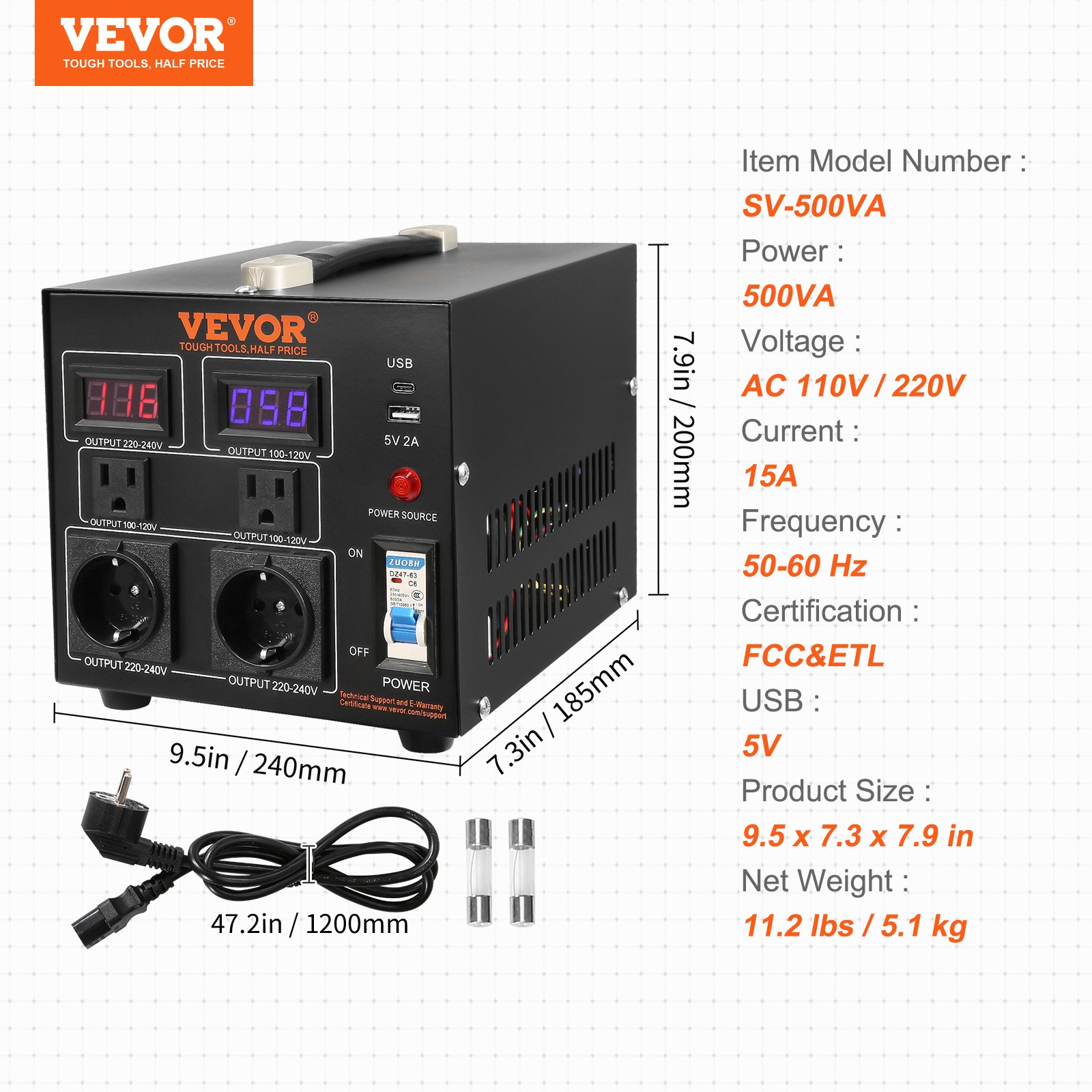VEVOR 500W Spannungswandler Transformator AC 110V⇋220V Transformer Wandler 2x US NEMA 5-15R 3-polige/ 2x standardmäßige europäische Shucko-Ausgangssteckdosen, 1x 5V-USB-Anschluss, 1x Typ-C-Buchse