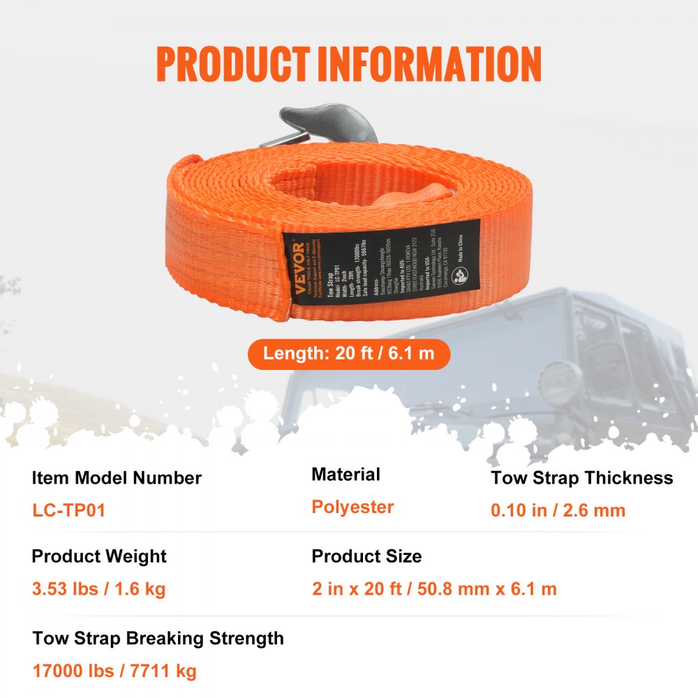 VEVOR Abschleppgurt für ATV-Autos mit Haken, 50 mm x 6 m, 7711 kg, Abschleppgurte mit Sicherheitshaken, robustes Abschleppseil für LKWs, Abschleppzubehör, Abschleppkabel für die Bergung am Straßenrand