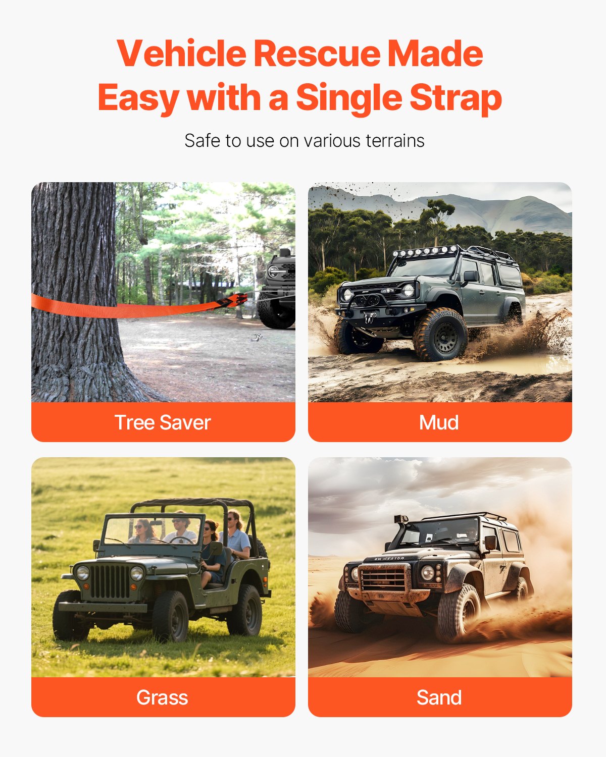 VEVOR Heavy Duty Tow Strap Recovery Kit 76.2 mm x 9.1 m (MBS-16329 kg) Tree Saver Winch Strap, Triple Reinforced Loop & Protective Sleeves & Storage Bag, 19 mm D-Ring Shackles, for Truck Jeep SUV ATV