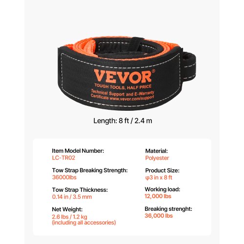 VEVOR Abschleppgurt 7,6 X 2,4 M – Polyester, Bruchlast 16329 Kg, Für Winden, Gelände-Bergung & Abschleppen