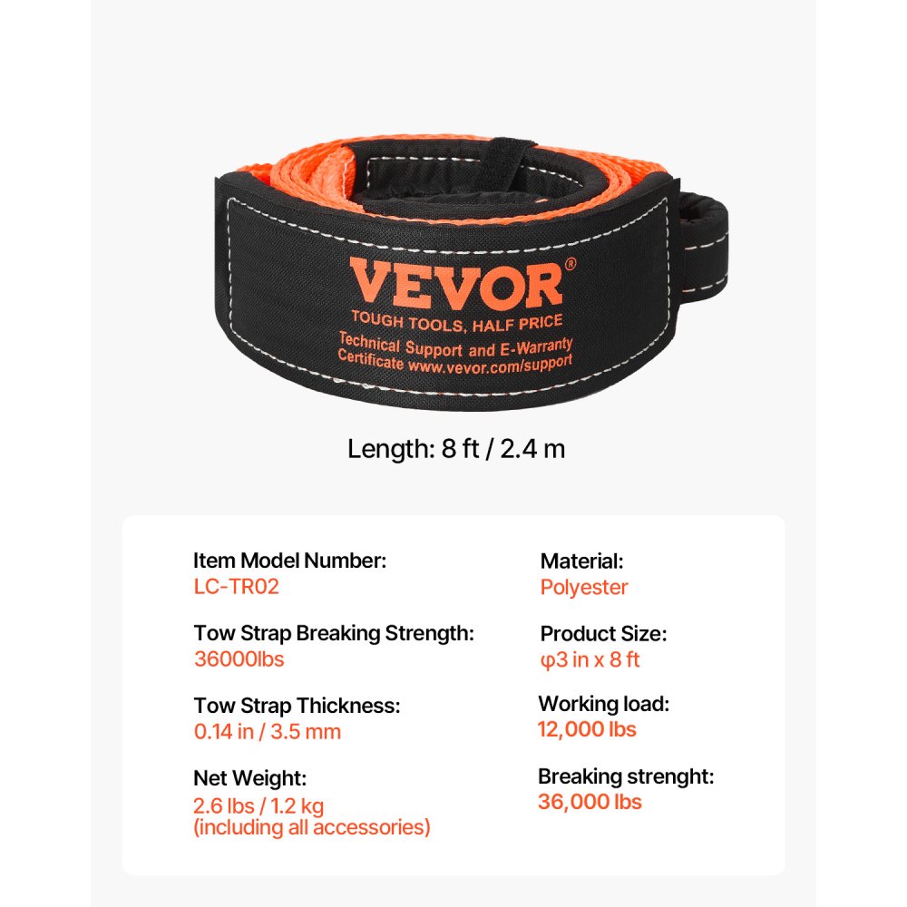 VEVOR Abschleppgurt, 7,6 cm x 2,4 m, Abschleppseil aus Polyestermaterial mit Bruchfestigkeit von 16329 kg, Verlängerungsgurt für Windenseile, Abschleppen und Bergen im Gelände,