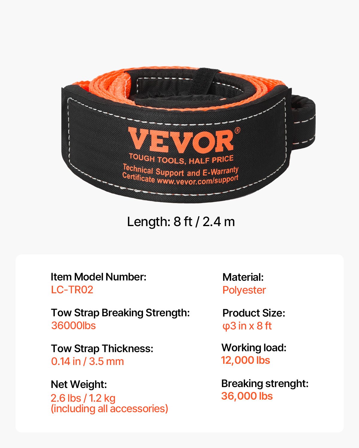 VEVOR Abschleppgurt, 7,6 cm x 2,4 m, Abschleppseil aus Polyestermaterial mit Bruchfestigkeit von 16329 kg, Verlängerungsgurt für Windenseile, Abschleppen und Bergen im Gelände,