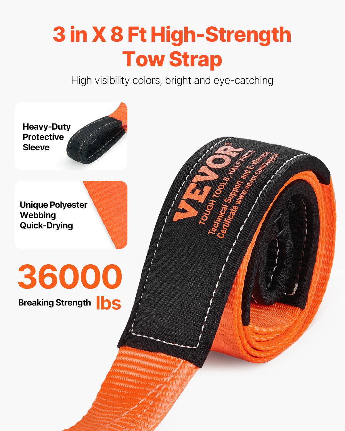 VEVOR Recovery Tow Strap 76.2 mm, 2.4 m 16329 kg Break Strength, Triple Reinforced Loop Straps, Tree Saver, Winch Line Extension Strap, Off Road Towing and Recovery, Extreme Weather Resistance