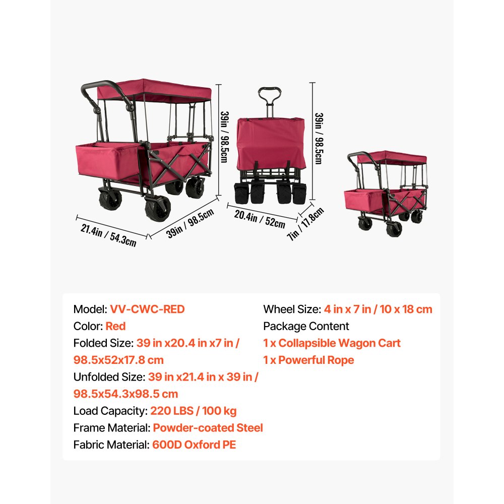 VEVOR Faltbarer LKW Schwarz Faltbarer LKW Abnehmbares Dach 600D Oxford Tuch Faltbarer LKW Großes Rad Tragbarer Faltbarer LKW Verstellbarer Griff Geeignet für Strand, Garten, Sport