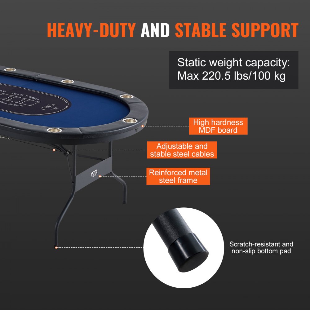 VEVOR Casino Pokertisch Klappbare Tischbeine 2140 x 1070 x 760 mm (L x B x H), Faltbarer Pokertisch, Schwarz & Blau Pokerauflage Klapptisch für 10 Spieler, Pokertisch mit Staubschutzhülle Tragbar