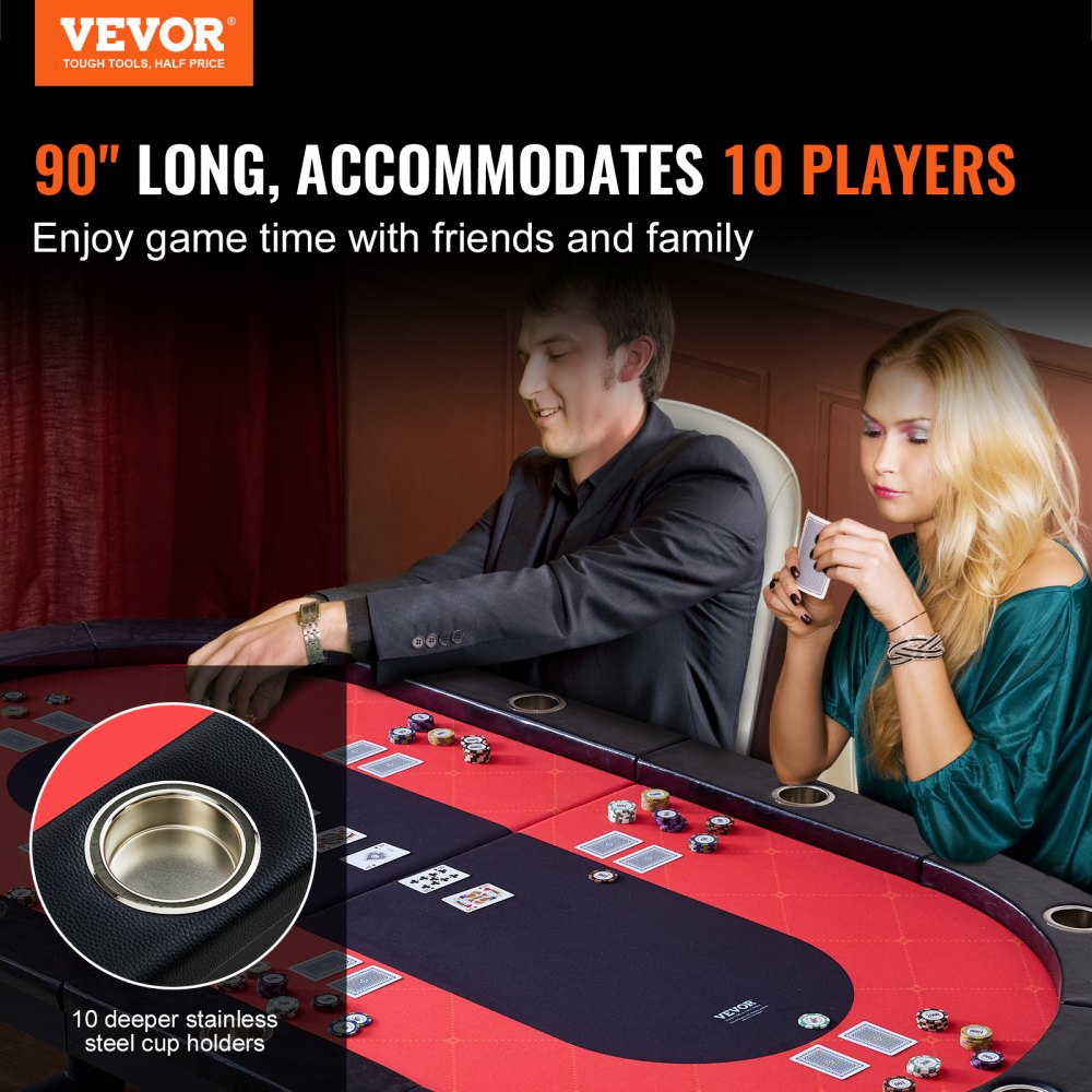 VEVOR Casino Pokertisch Klappbare Tischbeine 2290 x 1220 x 800 mm (L x B x H), Faltbarer Pokertisch, Schwarz & Rot Pokerauflage Klapptisch für 10 Spieler, Pokertisch mit Staubschutzhülle Tragbar