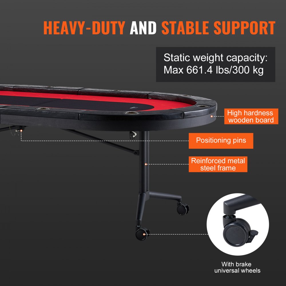 VEVOR Casino Pokertisch Klappbare Tischbeine 2290 x 1220 x 800 mm (L x B x H), Faltbarer Pokertisch, Schwarz & Rot Pokerauflage Klapptisch für 10 Spieler, Pokertisch mit Staubschutzhülle Tragbar