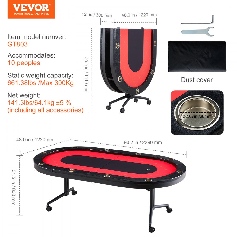 VEVOR Casino Pokertisch Klappbare Tischbeine 2290 x 1220 x 800 mm (L x B x H), Faltbarer Pokertisch, Schwarz & Rot Pokerauflage Klapptisch für 10 Spieler, Pokertisch mit Staubschutzhülle Tragbar
