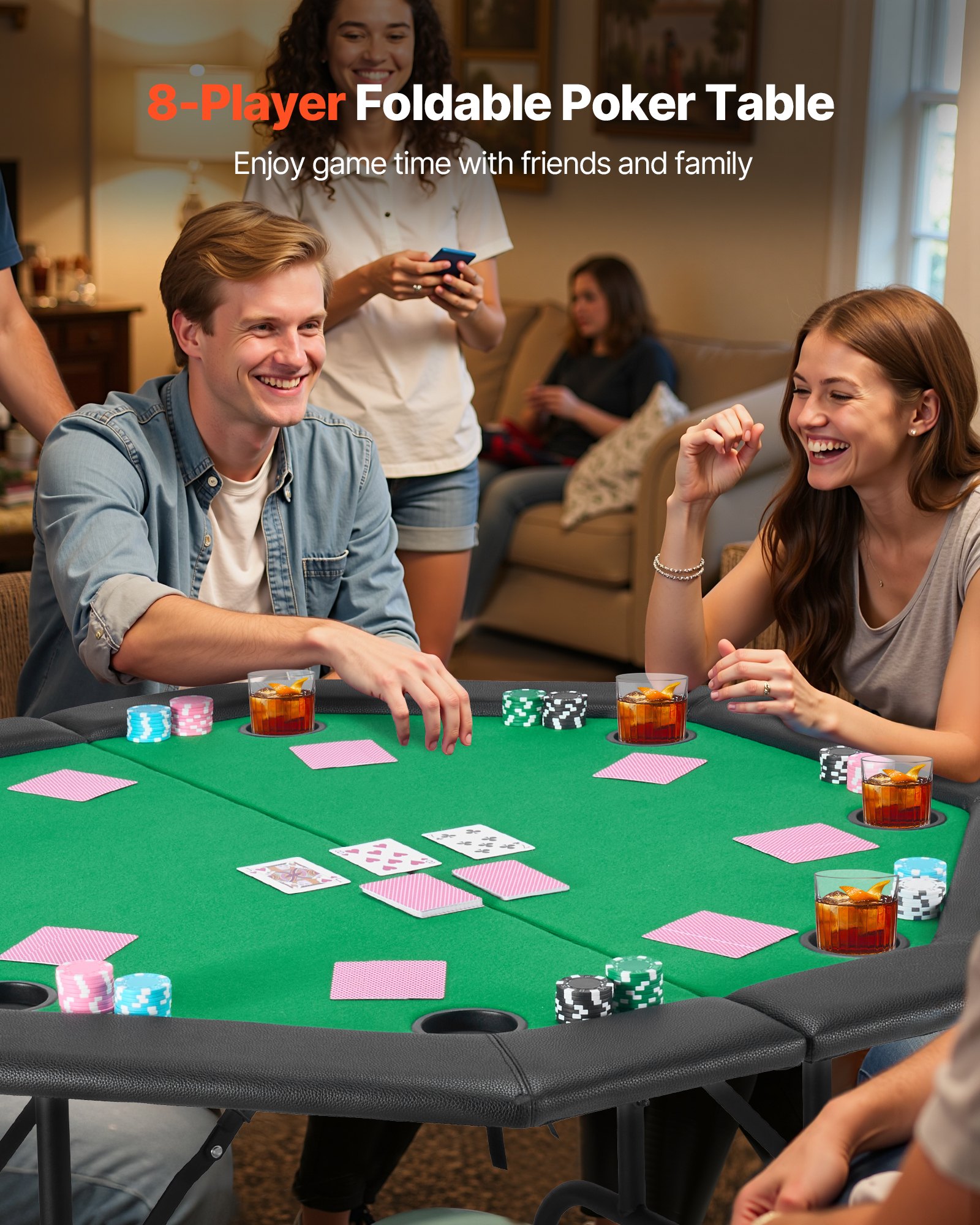 VEVOR klappbarer Pokertisch für 8 Spieler (126 cm) Kasino-Freizeittisch mit gepolsterten Schienen & Getränkehaltern, achteckige tragbare Spieltische mit Filz- und Metallbeinen, Texas Hold’em Poker