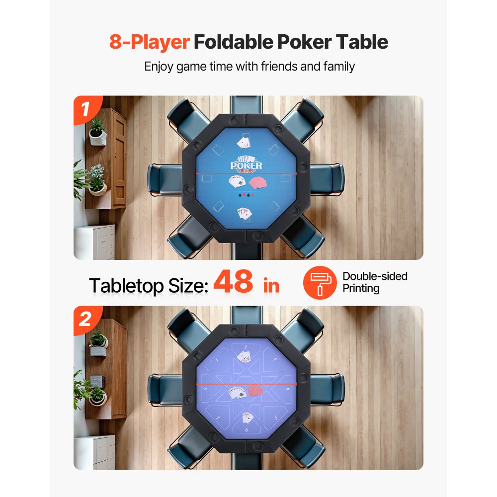 VEVOR klappbarer Pokertisch für 8 Spieler (1325 mm) Kasino-Freizeittisch mit gepolsterten Schienen & Getränkehaltern, achteckige tragbare Spieltische mit Filz- und Metallbeinen Texas Hold’em Poker