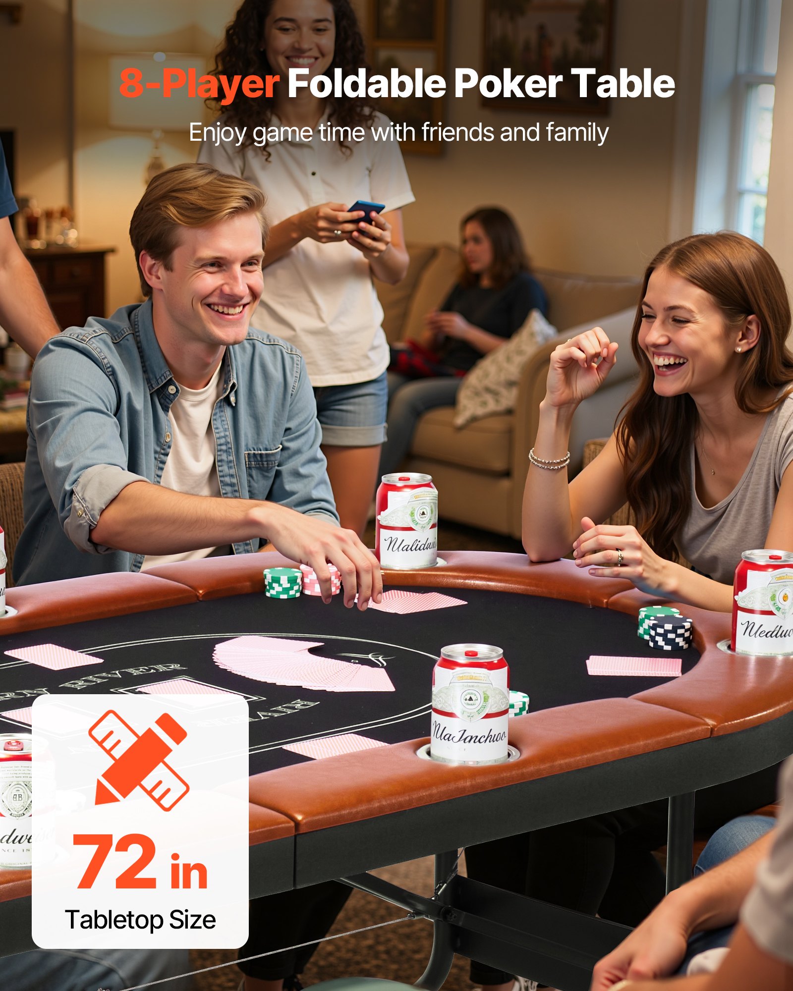 VEVOR klappbarer Pokertisch für 8 Spieler (183 cm) Kasino-Freizeittisch mit gepolsterten Schienen & Getränkehaltern, ovale tragbare Spieltische mit Filz- und Metallbeinen, Texas Hold’em Poker