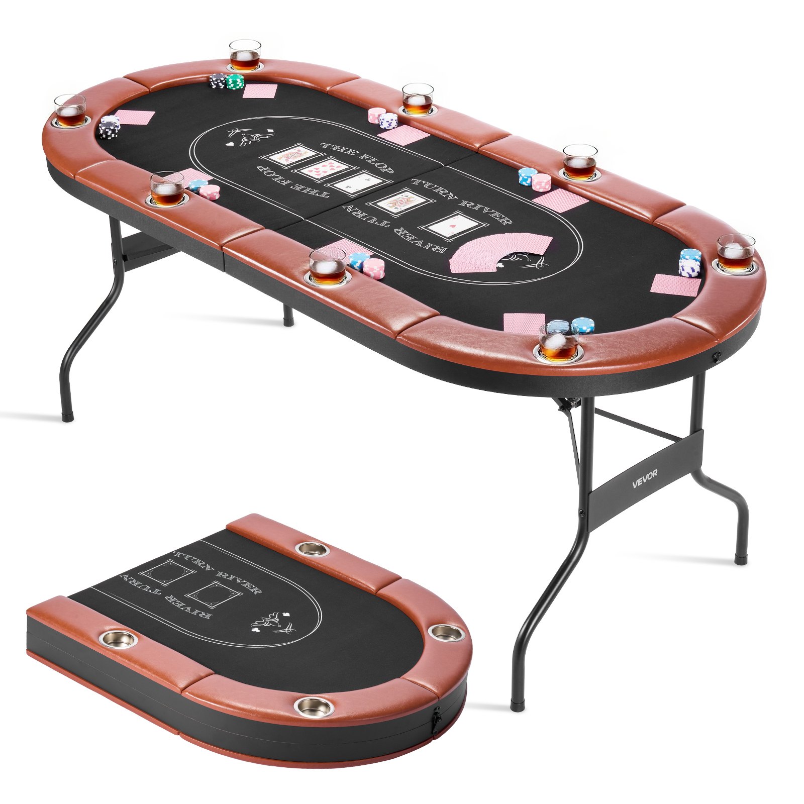 VEVOR klappbarer Pokertisch für 8 Spieler (183 cm) Kasino-Freizeittisch mit gepolsterten Schienen & Getränkehaltern, ovale tragbare Spieltische mit Filz- und Metallbeinen, Texas Hold’em Poker