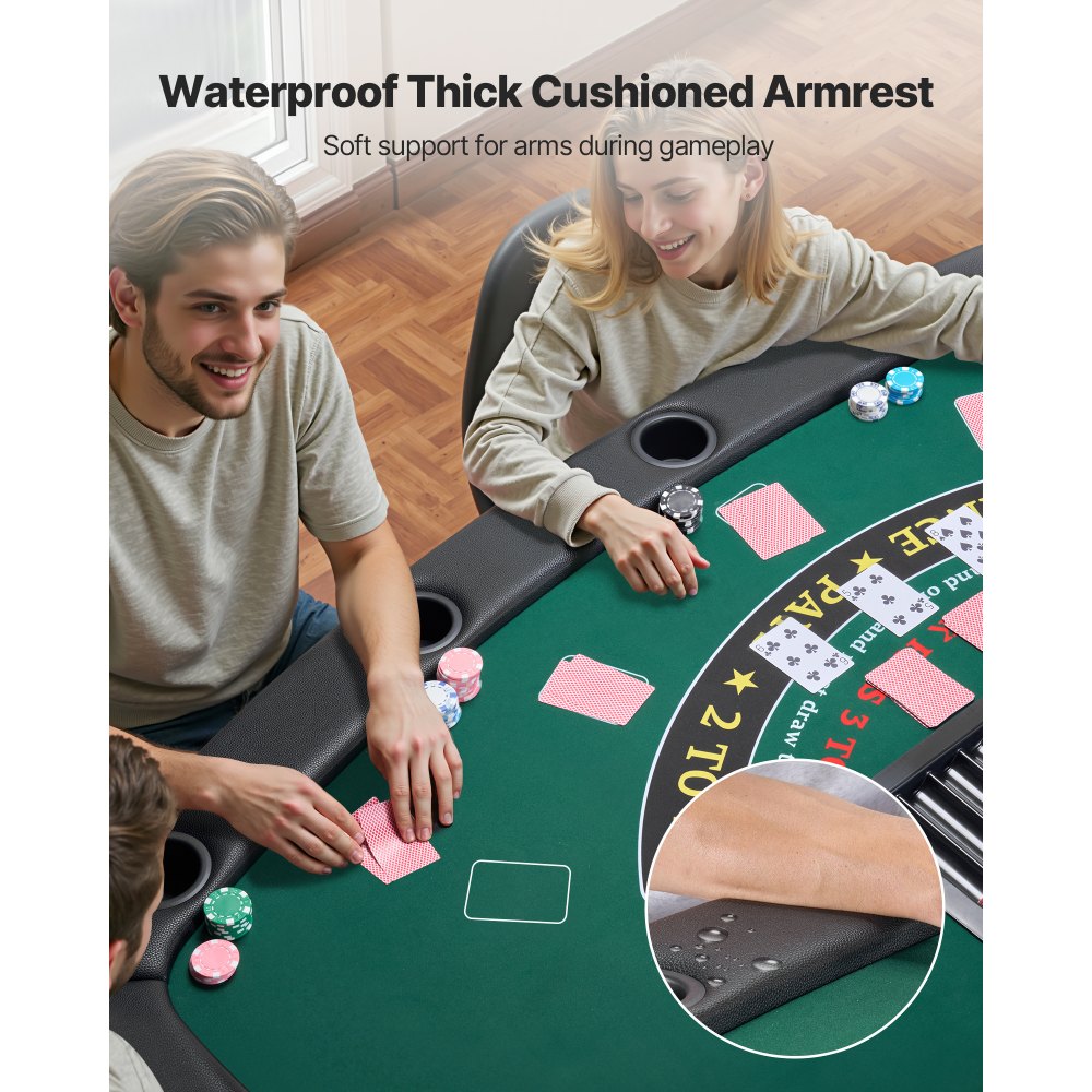 VEVOR klappbarer Pokertisch für 7 Spieler (183 cm) Kasino-Freizeittisch mit gepolsterten Schienen & Getränkehaltern, Halbovale tragbare Spieltische mit Filz- und Metallbeinen, Texas Hold’em Poker