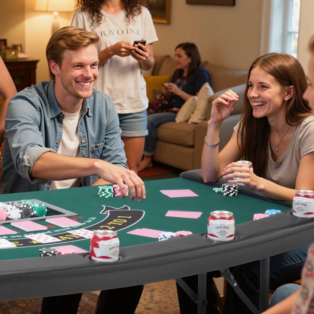 VEVOR klappbarer Pokertisch für 7 Spieler (183 cm) Kasino-Freizeittisch mit gepolsterten Schienen & Getränkehaltern, Halbovale tragbare Spieltische mit Filz- und Metallbeinen, Texas Hold’em Poker