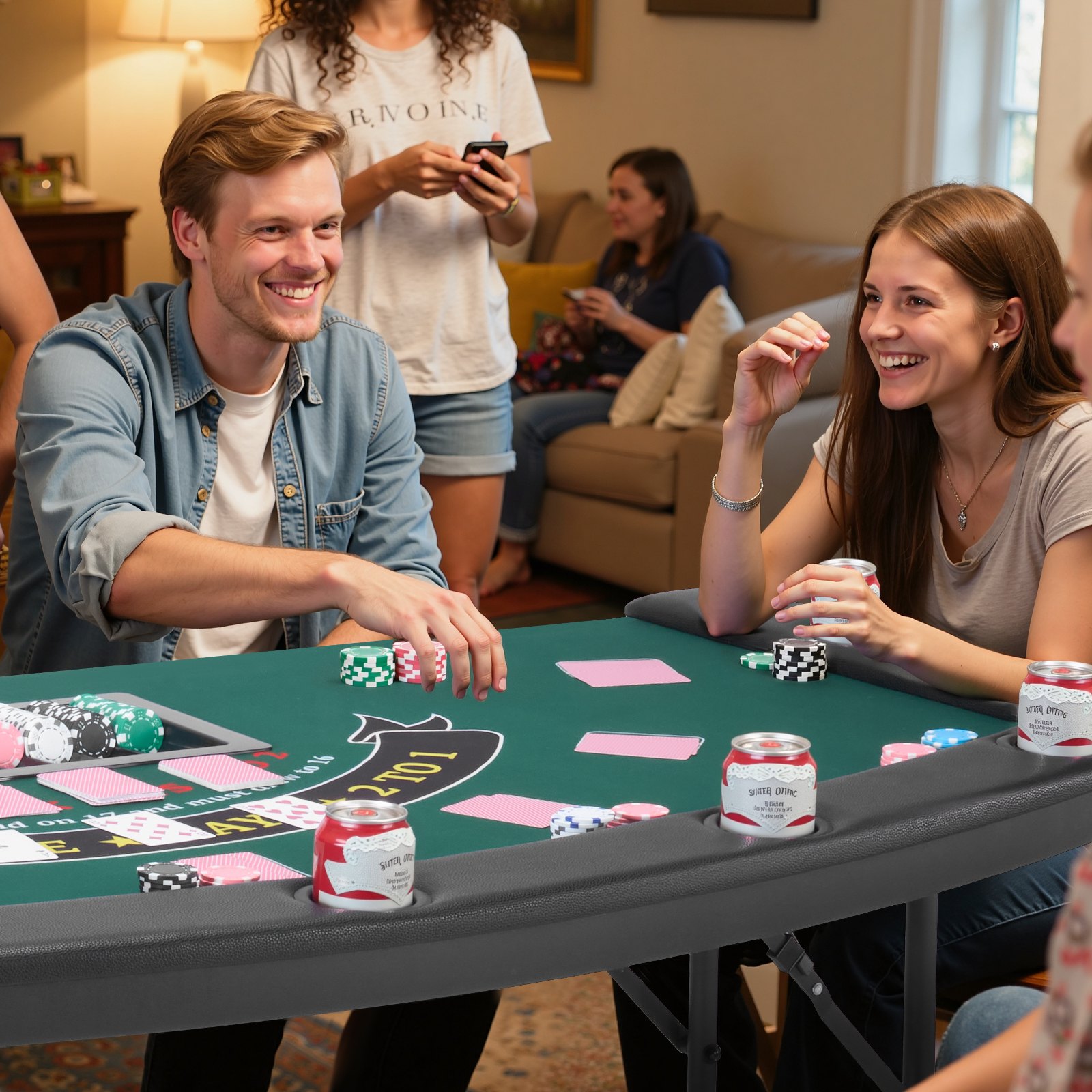 VEVOR klappbarer Pokertisch für 7 Spieler (183 cm) Kasino-Freizeittisch mit gepolsterten Schienen & Getränkehaltern, Halbovale tragbare Spieltische mit Filz- und Metallbeinen, Texas Hold’em Poker