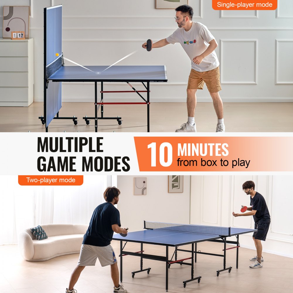 VEVOR Ping-Pong-Tisch, professionelles Tischtennisspiel, tragbarer MDF-Tischtennistisch für den Innenbereich, faltbarer Ping-Pong-Tisch mit Schnellklemmnetz und feststellbaren Rädern, einfacher Aufbau in 10 Minuten, 12 mm dicke Tischplatten