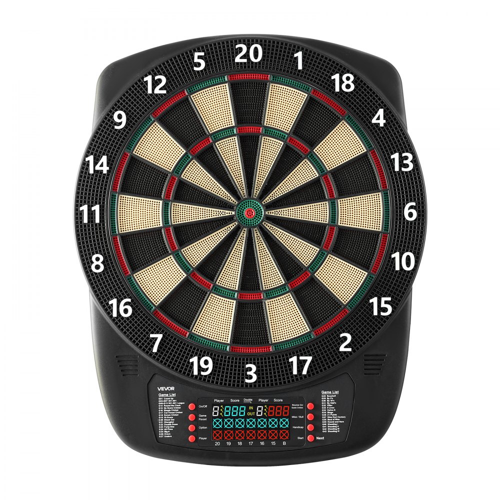 VEVOR Elektronische Dartscheibe, 342,9 mm E-Dartboard mit 43 Spielen & über 200 Variationen für bis zu 8 Spieler, 6 Dartschäfte mit Flights & 50 Ersatz-Pfeilspitzen, Farb-LCD-Punkteanzeige