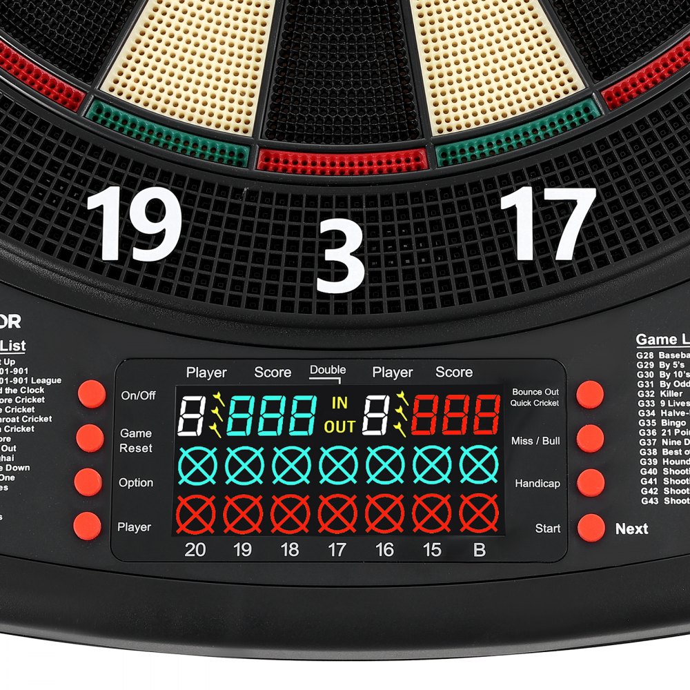 VEVOR Elektronische Dartscheibe, 342,9 mm E-Dartboard mit 43 Spielen & über 200 Variationen für bis zu 8 Spieler, 6 Dartschäfte mit Flights & 50 Ersatz-Pfeilspitzen, Farb-LCD-Punkteanzeige