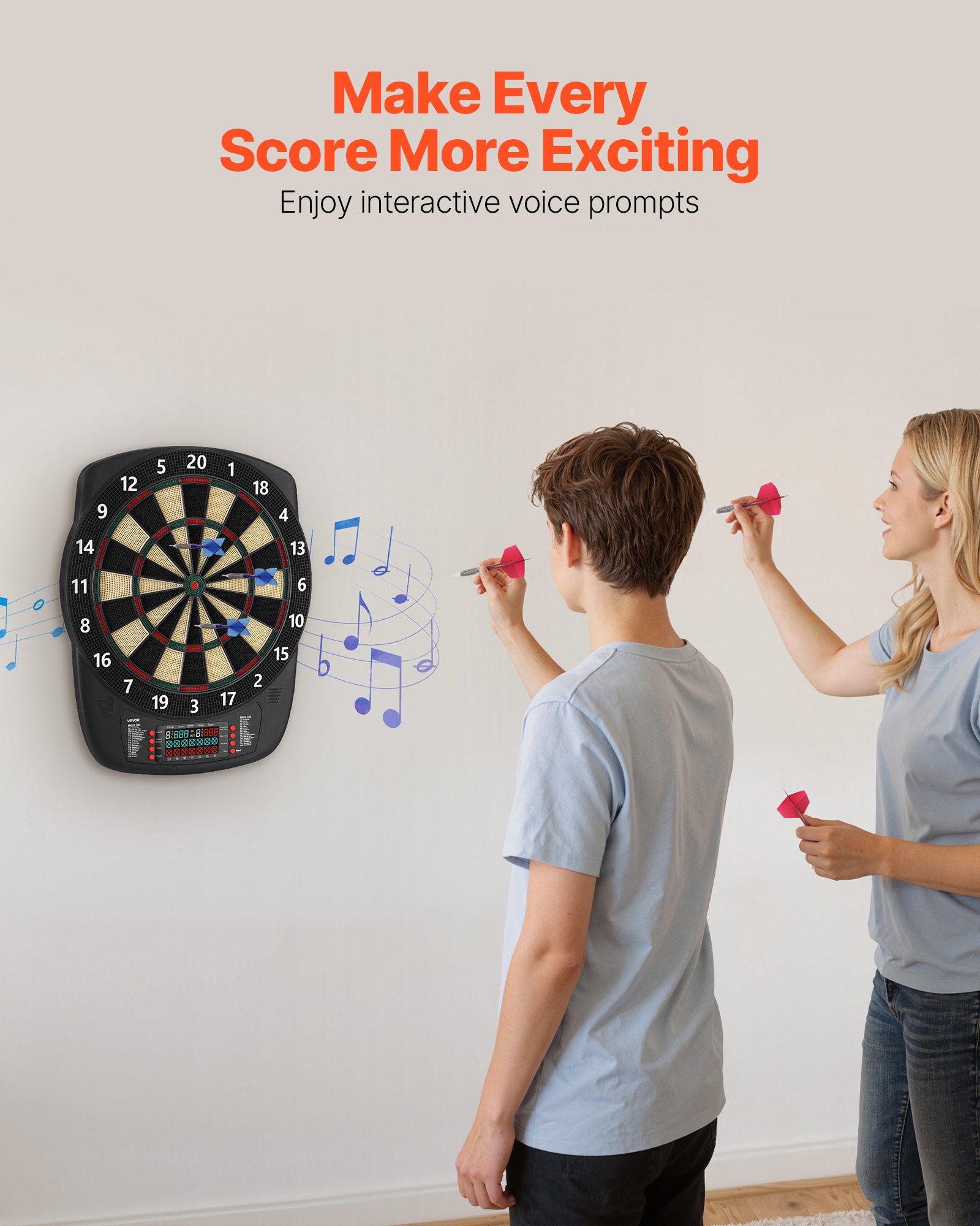 VEVOR Elektronische Dartscheibe, 342,9 mm E-Dartboard mit 43 Spielen & über 200 Variationen für bis zu 8 Spieler, 6 Dartschäfte mit Flights & 50 Ersatz-Pfeilspitzen, Farb-LCD-Punkteanzeige