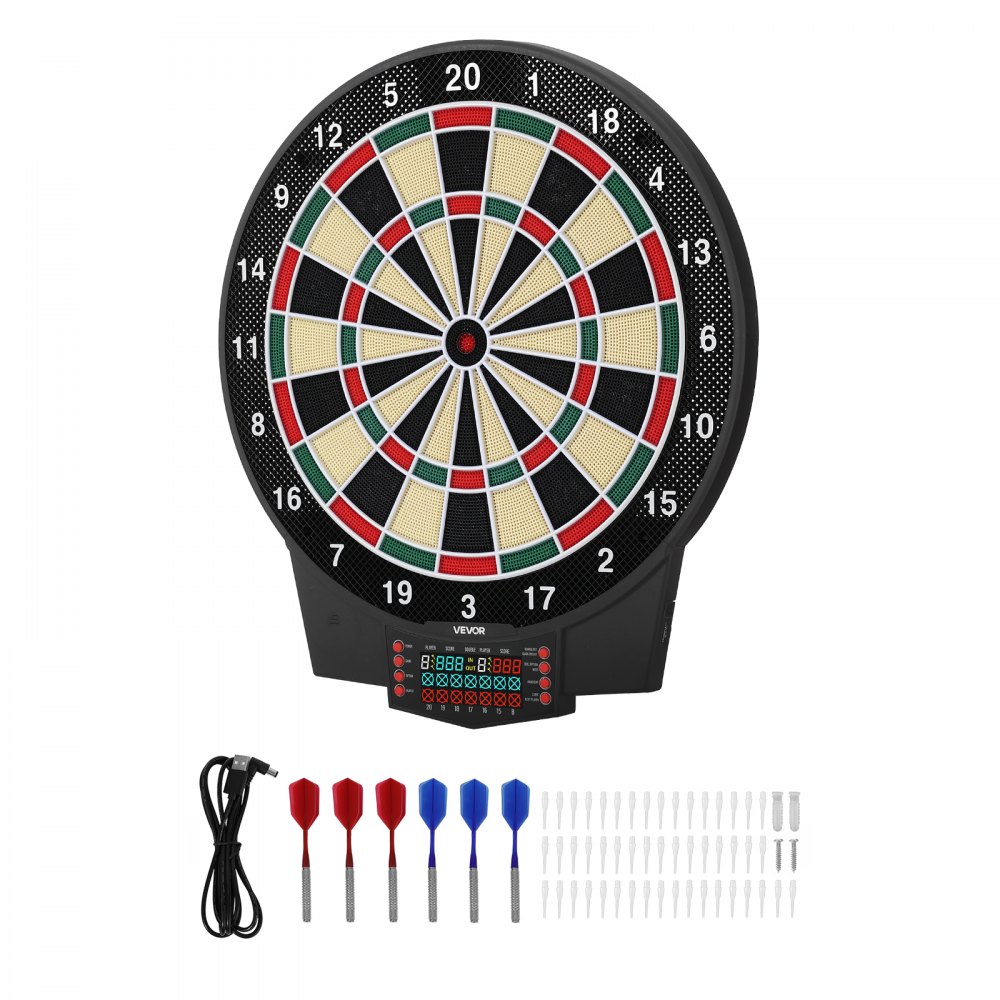 VEVOR Elektronische Dartscheibe, 393 mm E-Dartsboard mit 43 Spielen & über 320 Variationen für bis zu 8 Spieler, 6 Darts mit Flights & 50 Ersatz-Dartspitzen, Farb-LCD-Punkteanzeige