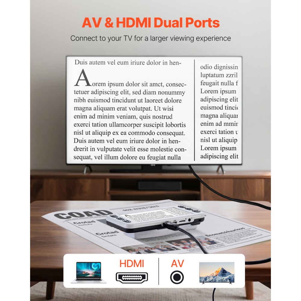 VEVOR Tragbare digitale Lupe, 5 Zoll HD elektronische Leselupe, Lesehilfe für Sehschwäche, 2- bis 48-facher Zoom, mit 13 MP Nah- & Fernobjektiv, 26 Farben, AV- & HDMI-Ausgang, klappbarer Griff