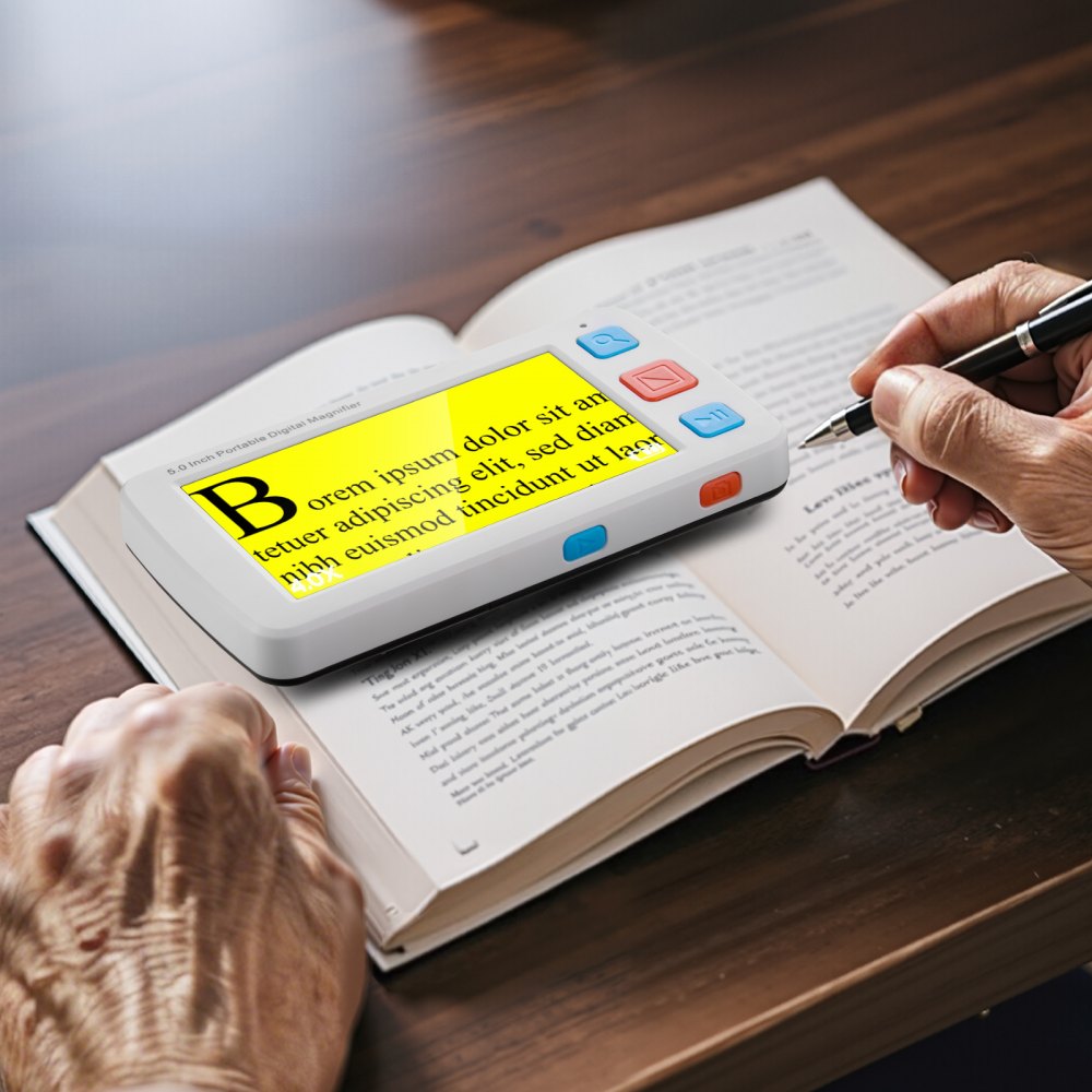 VEVOR Portable Digital Magnifier, 127mm HD Electronic Video Magnifier for Low Version, 4X - 32X Zoom Electronic Reading Aid with 17 Color Mode, AV Output, Foldable Handle & 5-Level Screen Brightness