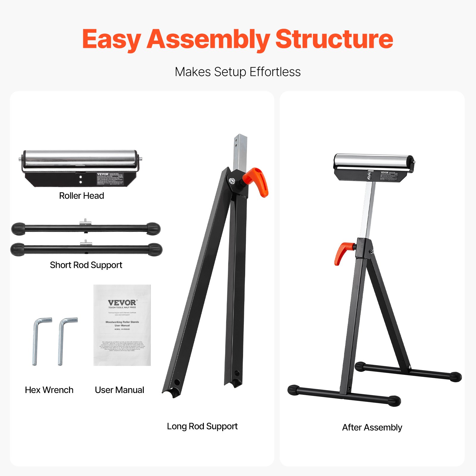 VEVOR 2-piece set of roller stands, 61 kg load capacity, height adjustable 68-108 cm, foldable roller stand with 292.1 mm polished steel roller head, work stand for table saw outrun, extension support