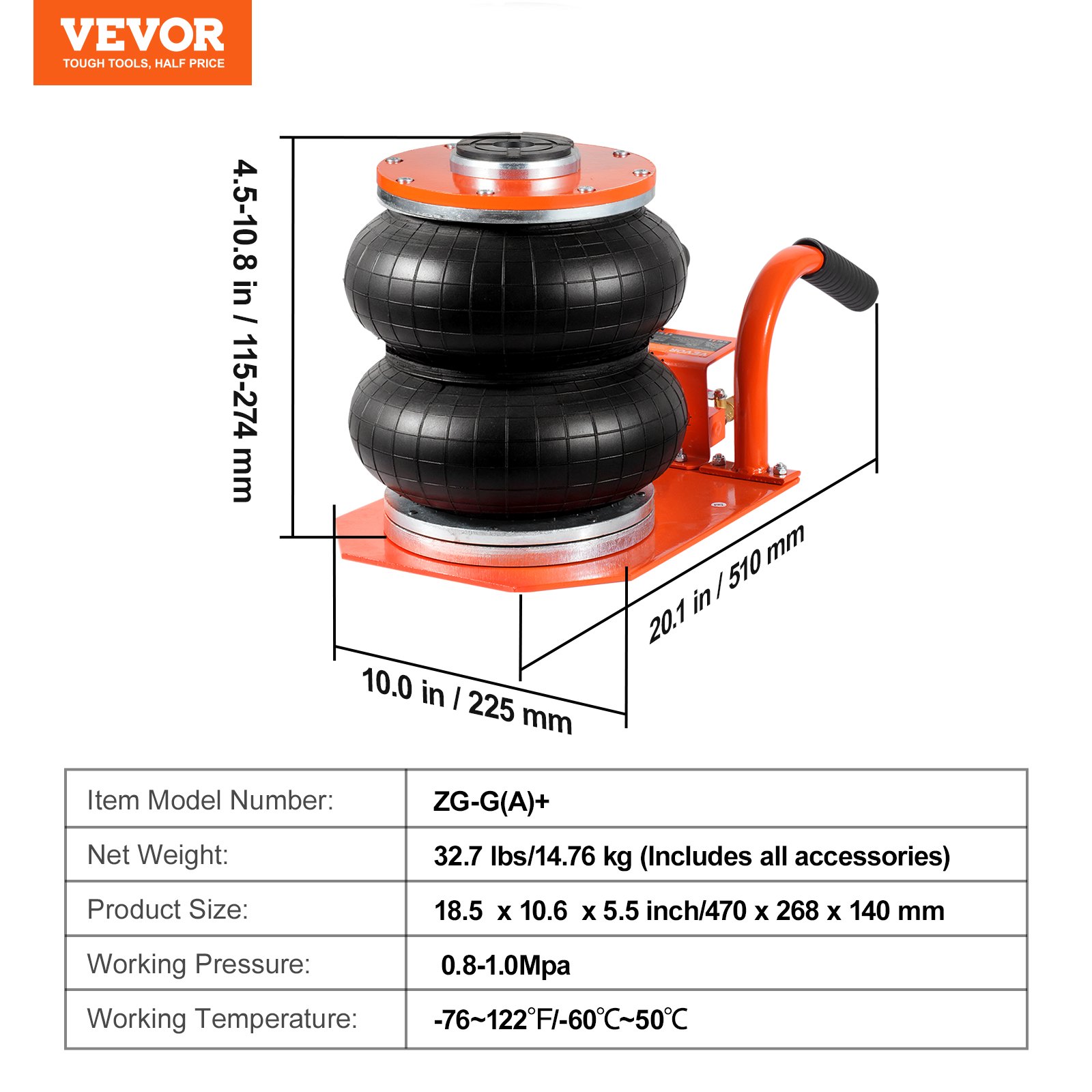 VEVOR Pneumatischer Wagenheber Luftwagenheber einstellbar 3 t mit erhöhter Säule, leicht anzuhebender und platzsparender Wagenheber mit dicker Gummiauflage & kurzem Griff, für Limousine SUV Pickup