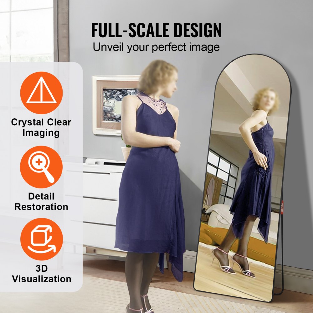 VEVOR Curved Full-Length Mirror, 1650 x 558 mm, Standing Mirror with Stand, Freestanding or Wall Mounted, Aluminum Alloy Frame, Full-Length Dressing Mirror for Living Room and Bedroom