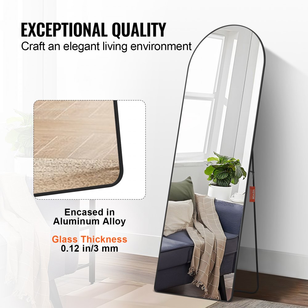 VEVOR Curved Full-Length Mirror, 1650 x 558 mm, Standing Mirror with Stand, Freestanding or Wall Mounted, Aluminum Alloy Frame, Full-Length Dressing Mirror for Living Room and Bedroom