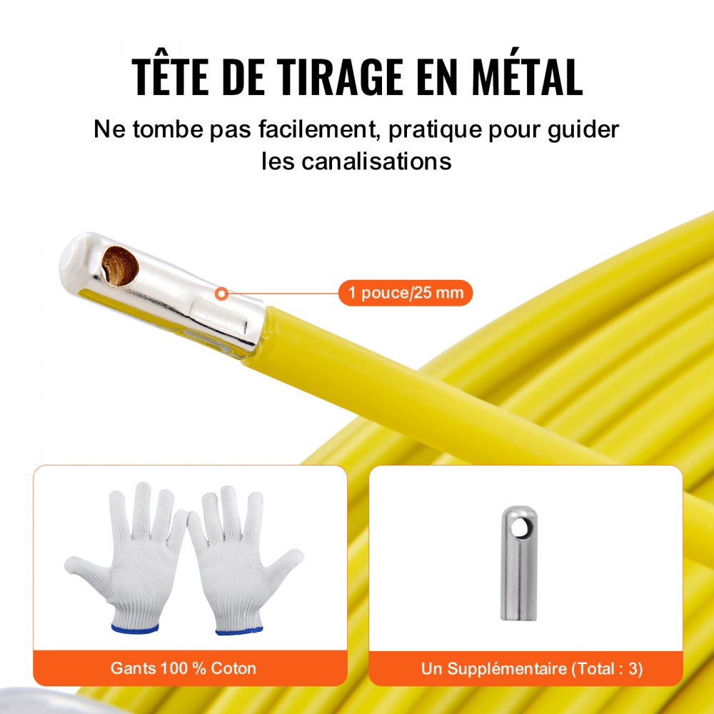 VEVOR Fiberglas Kabel Rad Ø6,35mm x 129,5m Glasfaserstab inkl. Stahlhaspel Handschuhe Bremsgriff Metall-Zugköpfe Fischband -40℃ bis +80℃ Einziehhilfe Einziehband Einziehspirale