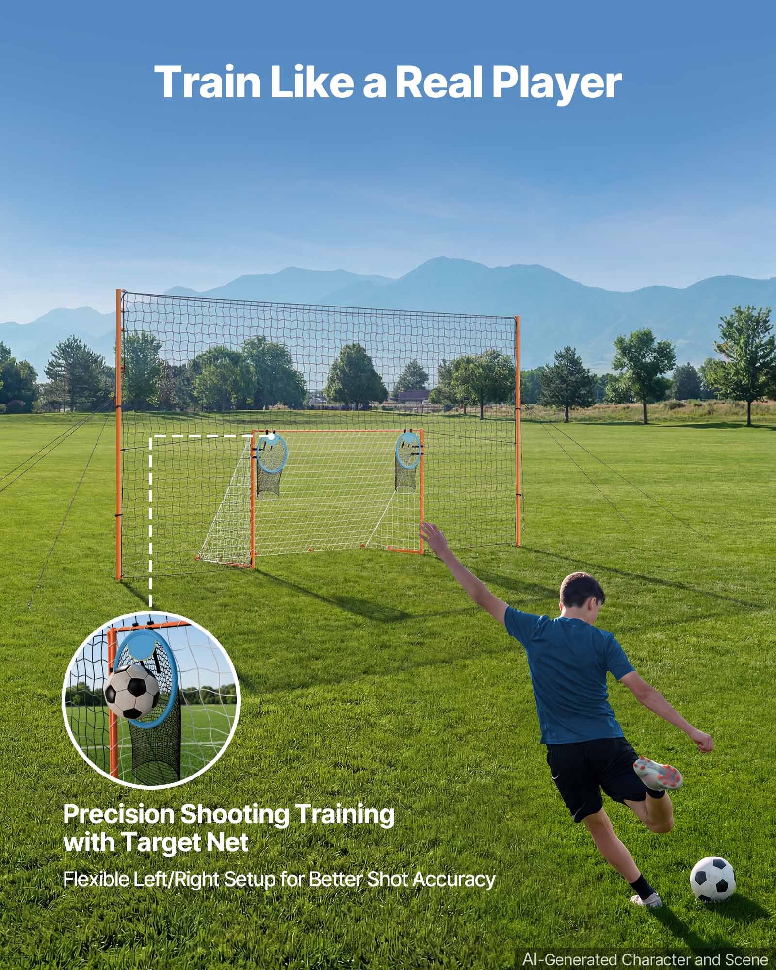 VEVOR Fußballtor 272 x 151 cm Tragbares Soccertor mit Eisenrohrrahmen, für Gärten Parks und Schulen, mit Ballfangnetz, Zielnetz, PE-Netz über 110 km/h, Bodenankern und Abspannseilen für Naturrasen