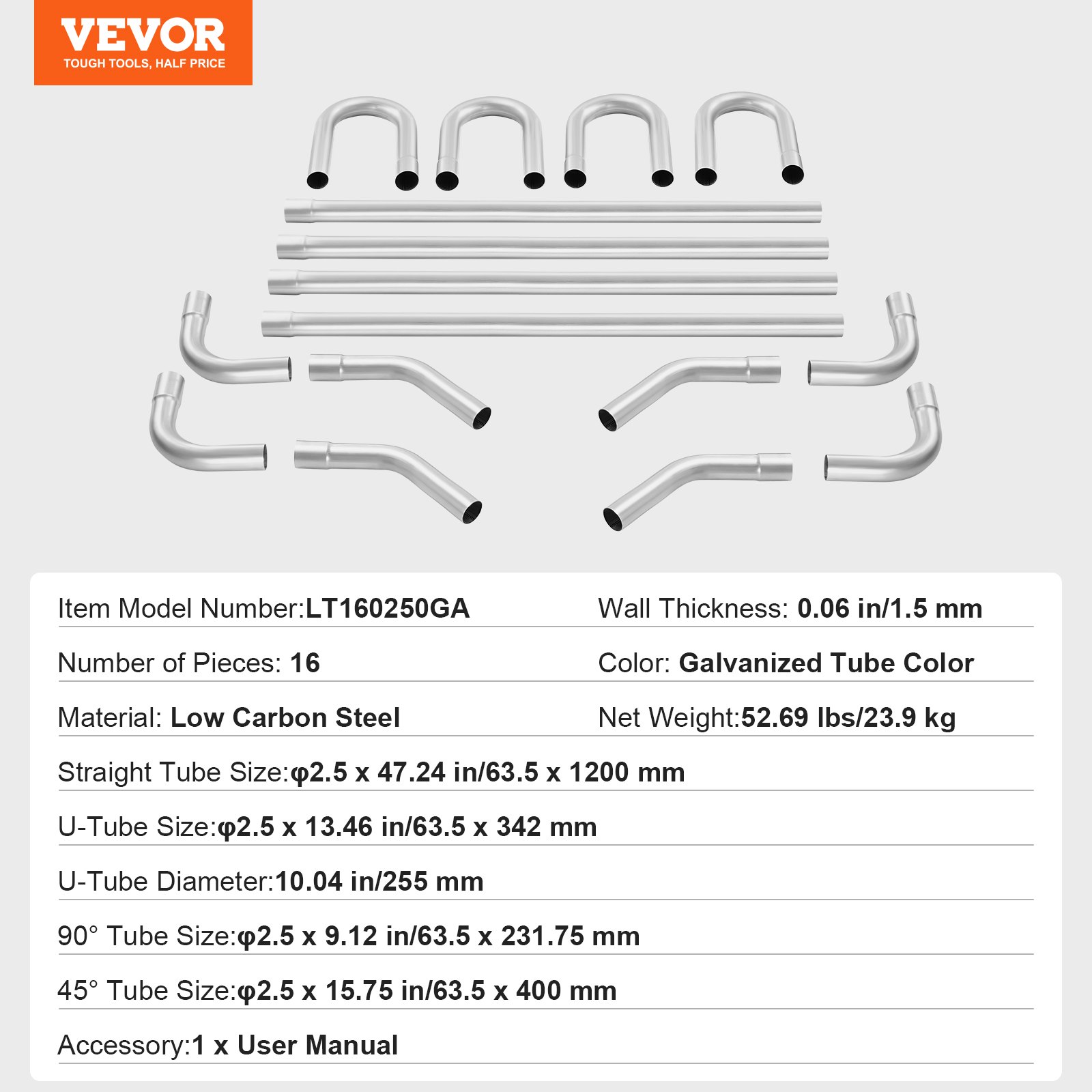 VEVOR Exhaust Kit, 16-piece DIY Universal Exhaust made of galvanized steel, 63.5 mm with push-fit connection & large exhaust pipe, rustproof exhaust pipe for exhaust system, for garage, car workshop, 4S store