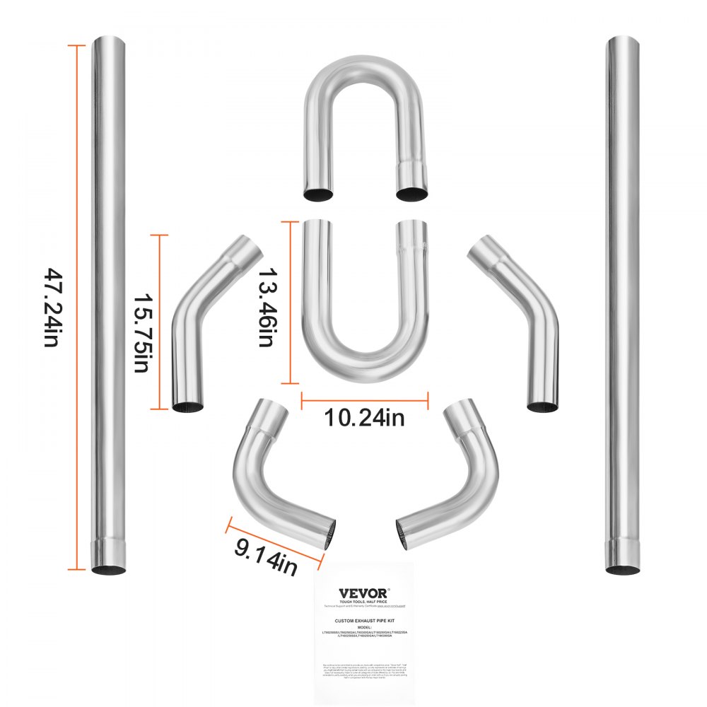 VEVOR Auspuff-Set 8-teilig DIY Universal Auspuff aus Edelstahl 63,5 mm mit Steckverbindung & großem Auspuffrohr, rostfreies Auspuffrohr für Abgassystem, für Garage Autowerkstatt 4S-Laden