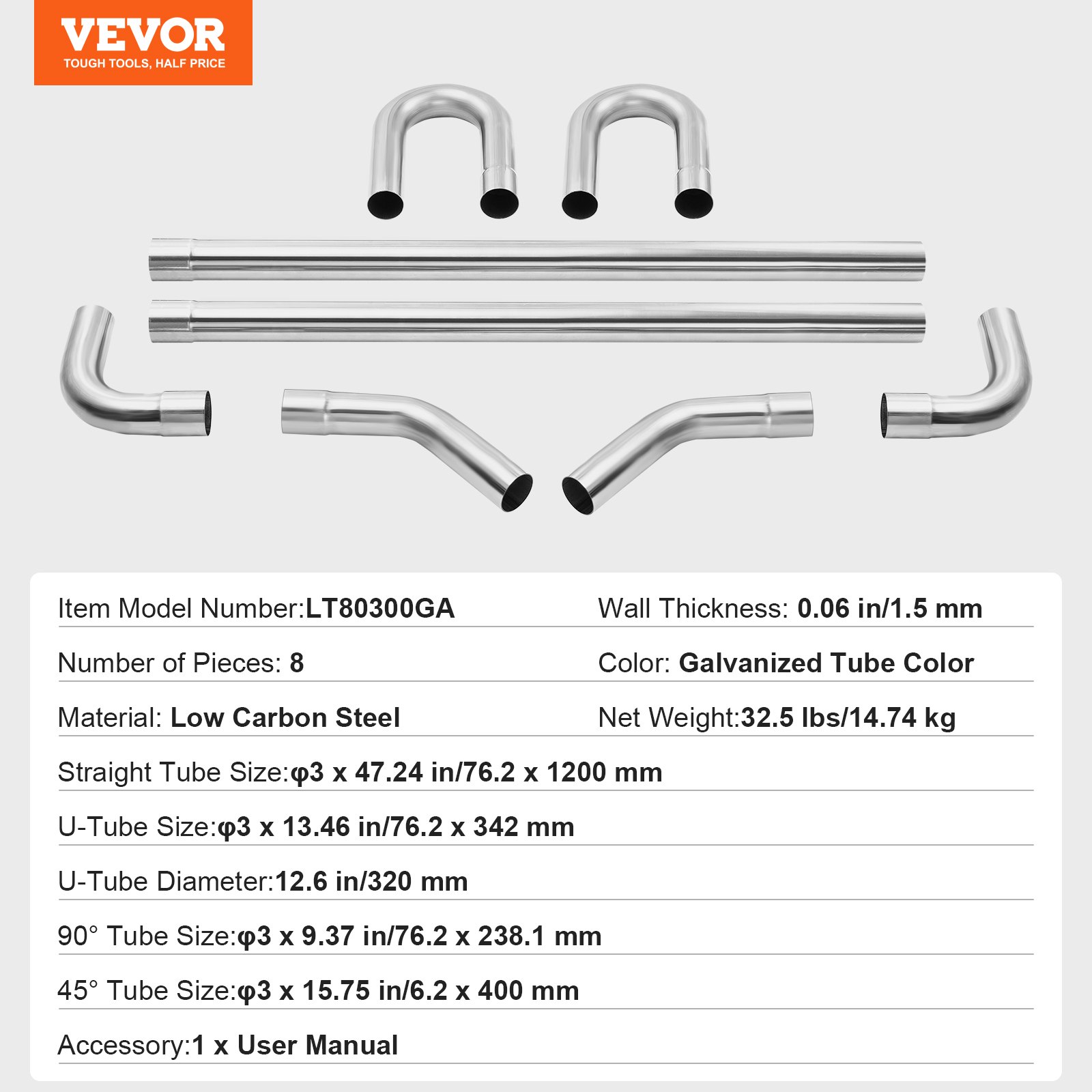 VEVOR Exhaust Set, 8-piece DIY Universal Exhaust made of galvanized steel, 76.2 mm with push-fit connection & large exhaust pipe, rustproof exhaust pipe for exhaust system, for garage, car workshop, 4S store