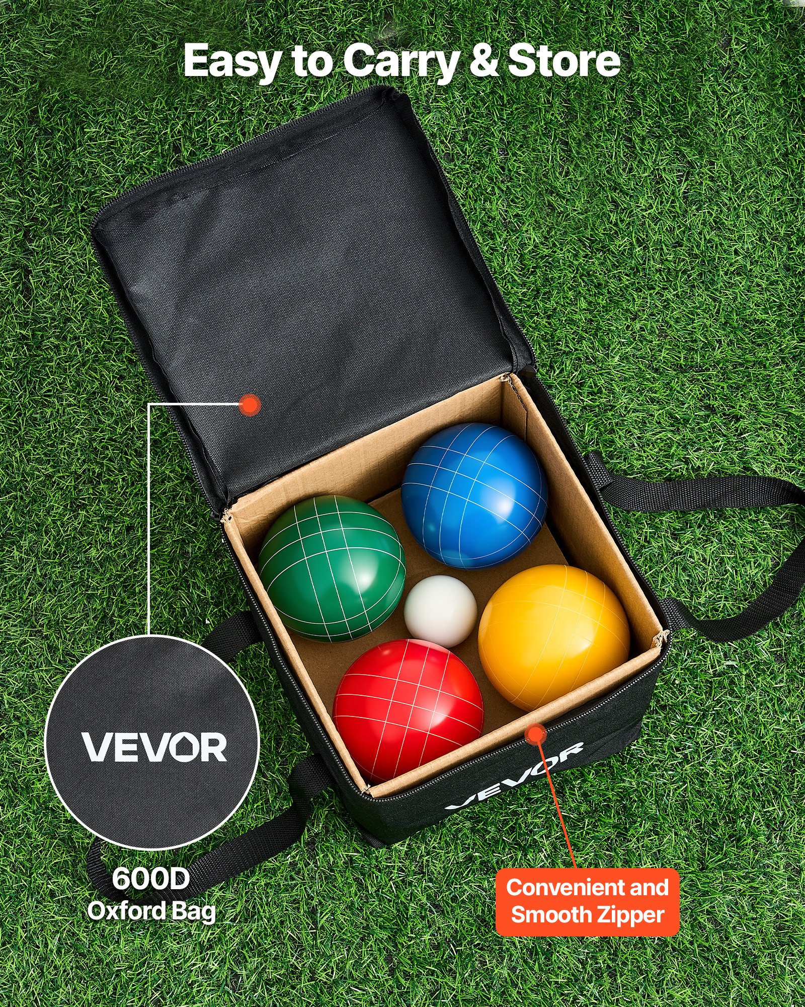 VEVOR Boccia Set mit 8 Harzkugeln (100 mm) & Kügelchen &Tragetasche (schwarz) & Messseil, Rot/Grün/Blau/Gelb, für 2 bis 8 Spieler, Boccia Spielset für Strand Rasen Familiengarten Outdoor