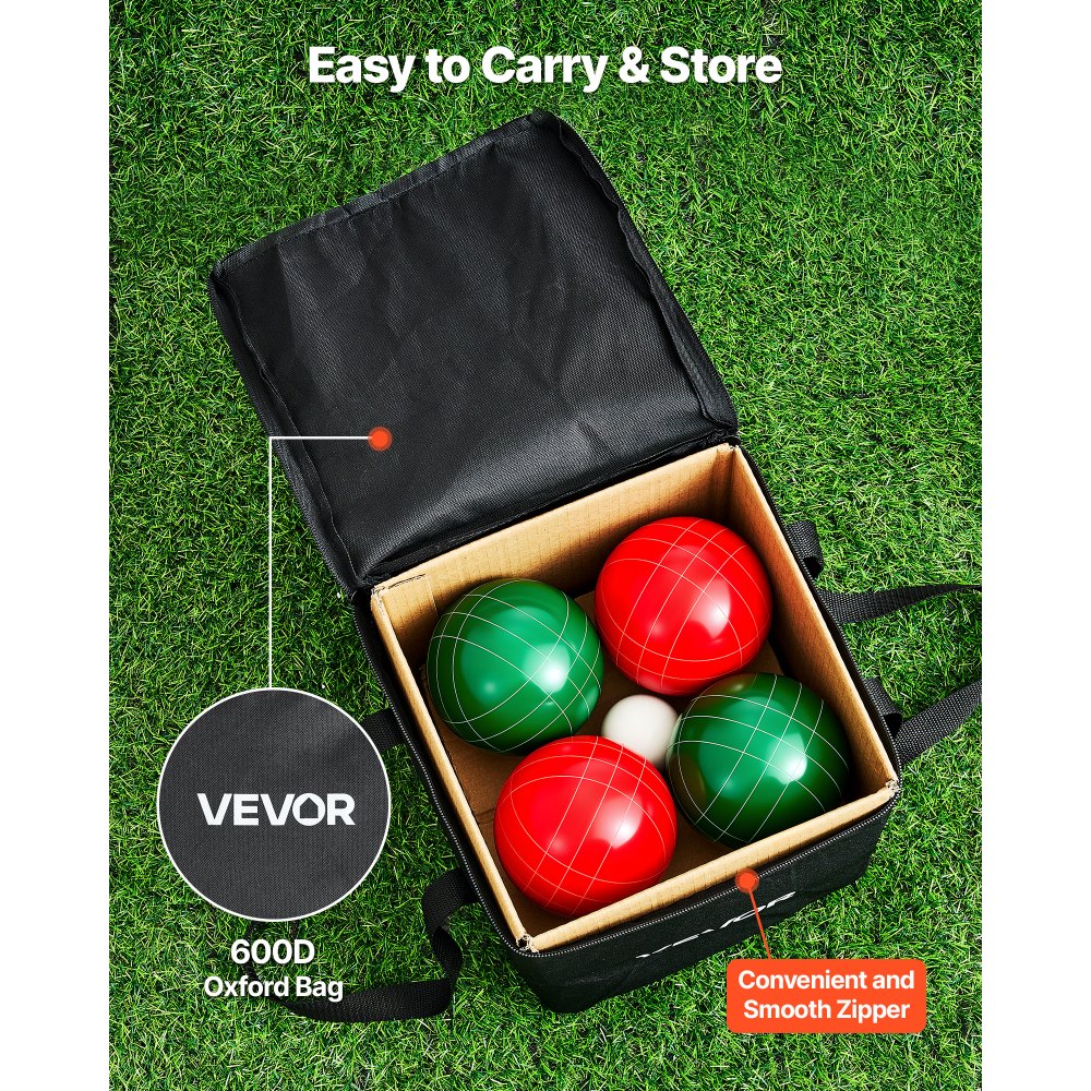 VEVOR Boccia Set mit 8 Harzkugeln (107 mm) & Kügelchen &Tragetasche (schwarz) & Messseil, Rot & Grün 2 Farben, für 2 bis 8 Spieler, Boccia Spielset für Strand Rasen Familiengarten Outdoor