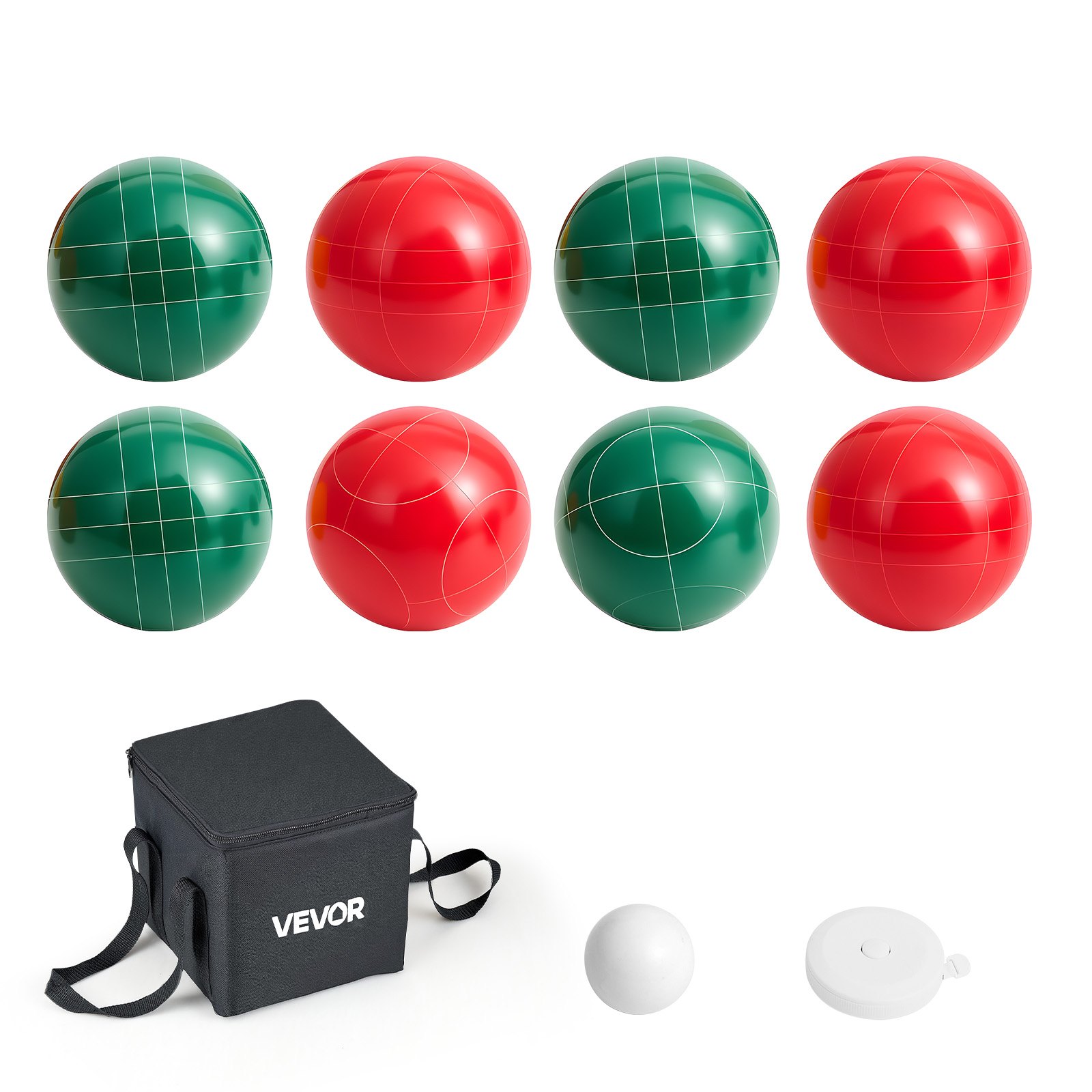 VEVOR Boccia Set mit 8 Harzkugeln (107 mm) & Kügelchen &Tragetasche (schwarz) & Messseil, Rot & Grün 2 Farben, für 2 bis 8 Spieler, Boccia Spielset für Strand Rasen Familiengarten Outdoor