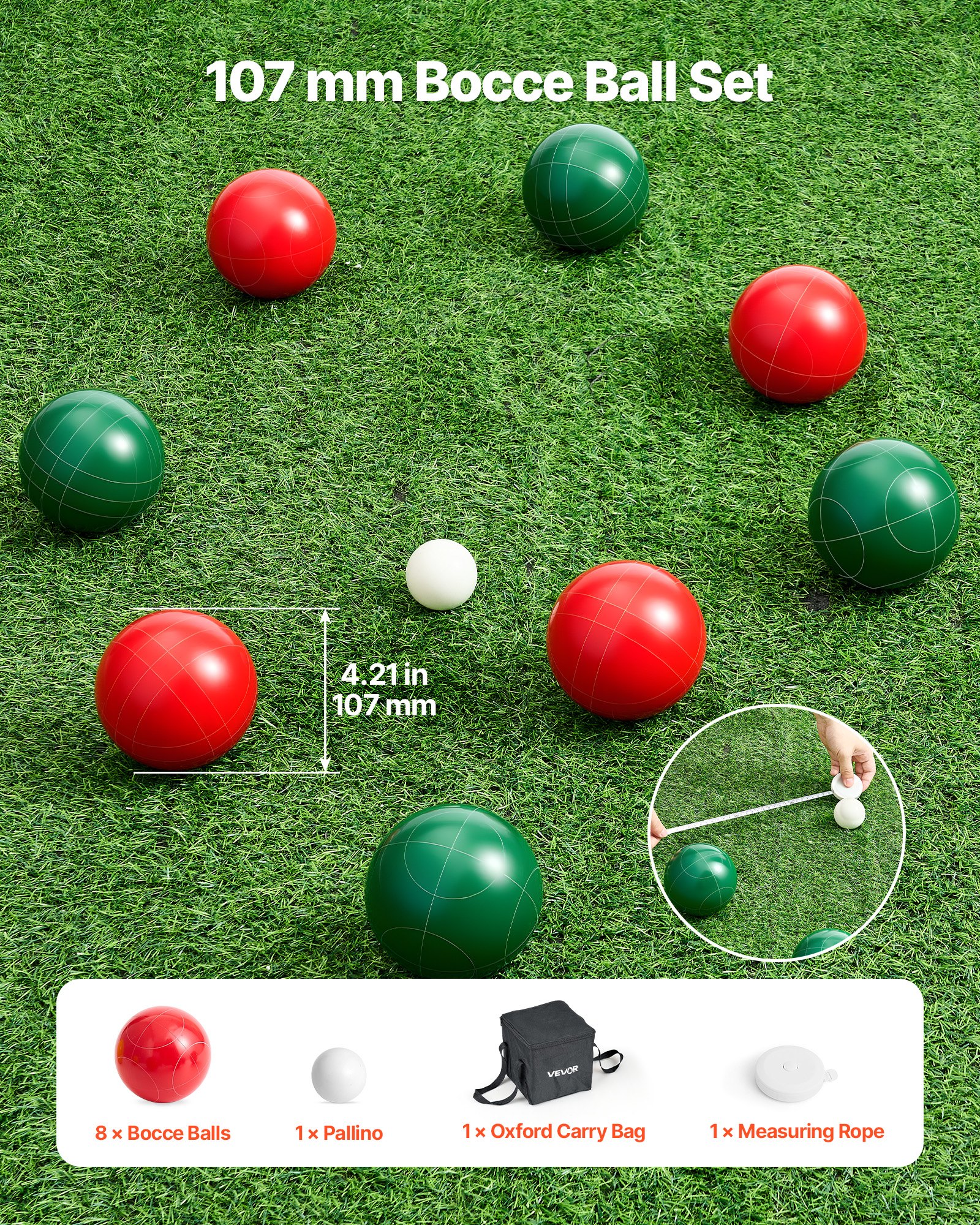 VEVOR Bocce Ball Set, 107 mm, with 8 Resin Balls, Pallino, Carrying Bag and Measuring Rope, Red and Green 2 Colors, for 2 to 8 Players, Bocce Ball Game Set for Beach, Lawn, Family Backyard, Outdoor
