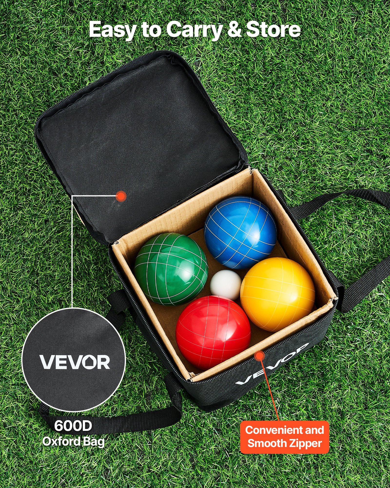 VEVOR Boccia Set mit 8 Harzkugeln (90 mm) & Kügelchen &Tragetasche (schwarz) & Messseil, Rot/Grün/Blau/Gelb, für 2 bis 8 Spieler, Boccia Spielset für Strand Rasen Familiengarten Outdoor