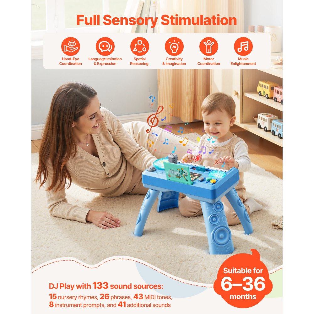 VEVOR Aktivitätstisch, Musiktischspielzeug mit 133 Klangquellen, Aufnahmefunktion & LED-DJ-Plattenspieler, Kinderlerntisch, Interaktiver Spieltisch für Geburtstage, Geschenk für Kinder ab 6 Monaten