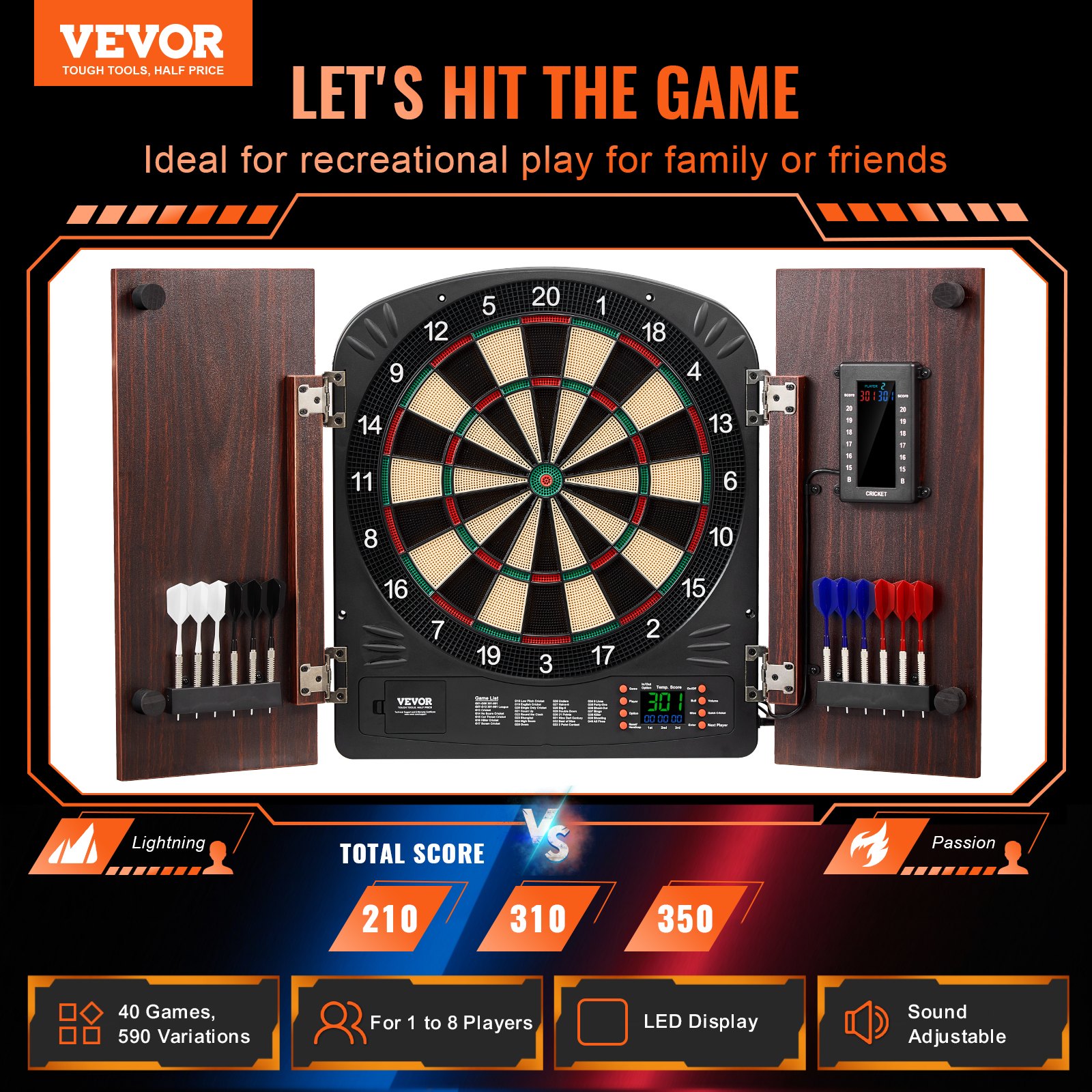 VEVOR Dartboard- und Schrankset Home Dart Board Center Dartscheibe 34,3 cm, verstaubarer Dartschrank mit elektronischer Punktezählung & einfacher Montage, komplett mit sämtlichem Zubehör Party