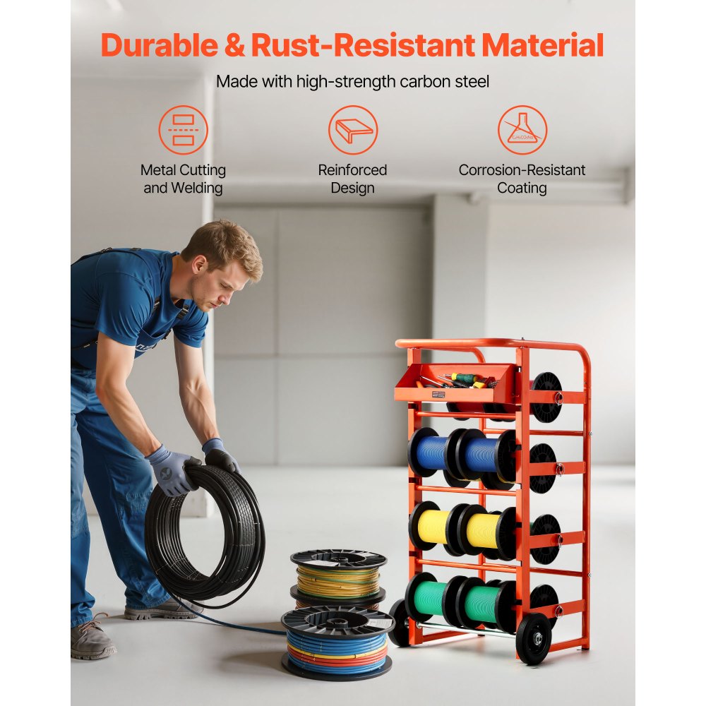 VEVOR Drahtspulenhalter 440x385x970 mm, 11 Querstangen, rollender Kabelspulenspender, freistehendes Kabelregal mit Ablagefach, 136 kg Kapazität, für Elektro-, Industrie- und Einzelhandel