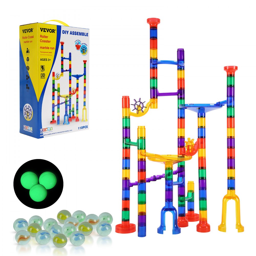 VEVOR Murmelbahn-Set 110-teiliges Murmellabyrinth-Baustein-Denkspiel, mit 10 im Dunkeln leuchtenden Murmeln + 20 Glasmurmeln, pädagogisches Lernrennbahn-MINT-Spielzeug, für Kinder ab 3 Jahren